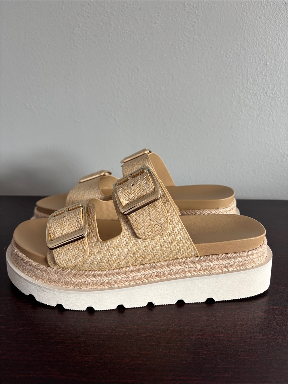 Madden Girl Natural Beige Woven Double-Buckle Platform Mules - Picture 3 of 12